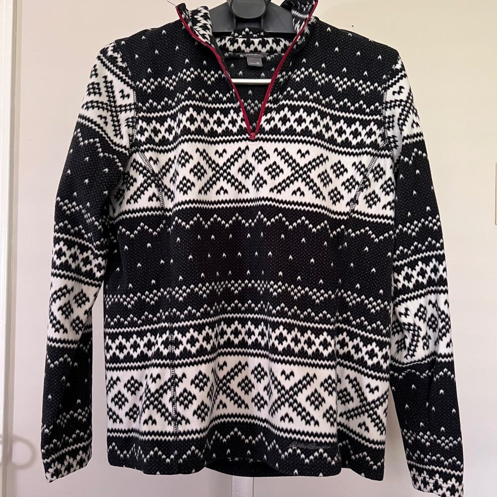 Eddie Bauer Women Black White Fair Isle Fleece Quarter Zip Pullover M